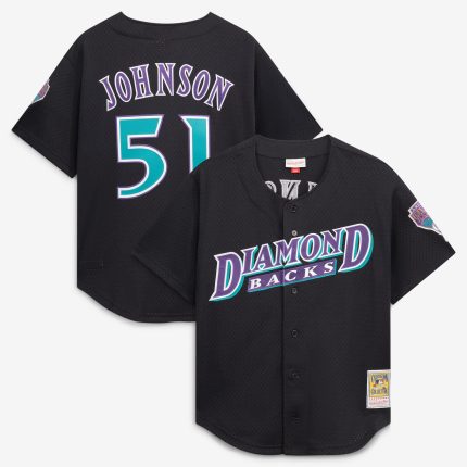 Men's Arizona Diamondbacks Randy Johnson Mitchell & Ness Black Cooperstown Collection Mesh Batting Practice Button-Up Jersey